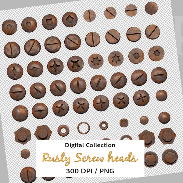 Rusty screw heads clipart, steampunk, cyberpunk, industrial design, shabby screws clip art, PNG, transparent background