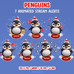 This pack includes 7 animated stream alerts with penguins. Created for stream events such as followers, subscribers, raids, cheers, and more, these alerts add a friendly accent to streams for streamers and VTubers, without distracting from gameplay or chat