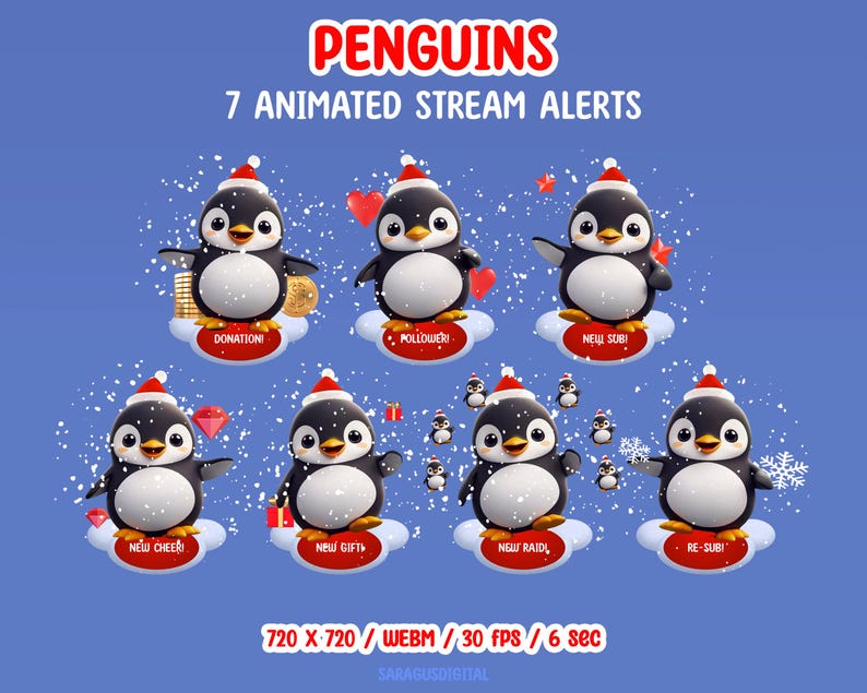 This pack includes 7 animated stream alerts with penguins. Created for stream events such as followers, subscribers, raids, cheers, and more, these alerts add a friendly accent to streams for streamers and VTubers, without distracting from gameplay or chat