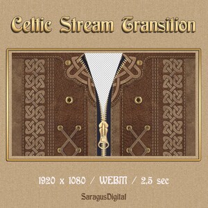 May include: A brown leather background with a zipper in the center. The zipper is surrounded by a Celtic knot design. The text "Celtic Stream Transition" is at the top of the image. The text "1920 x 1080 / WEBM / 2.5 sec" is at the bottom of the image.