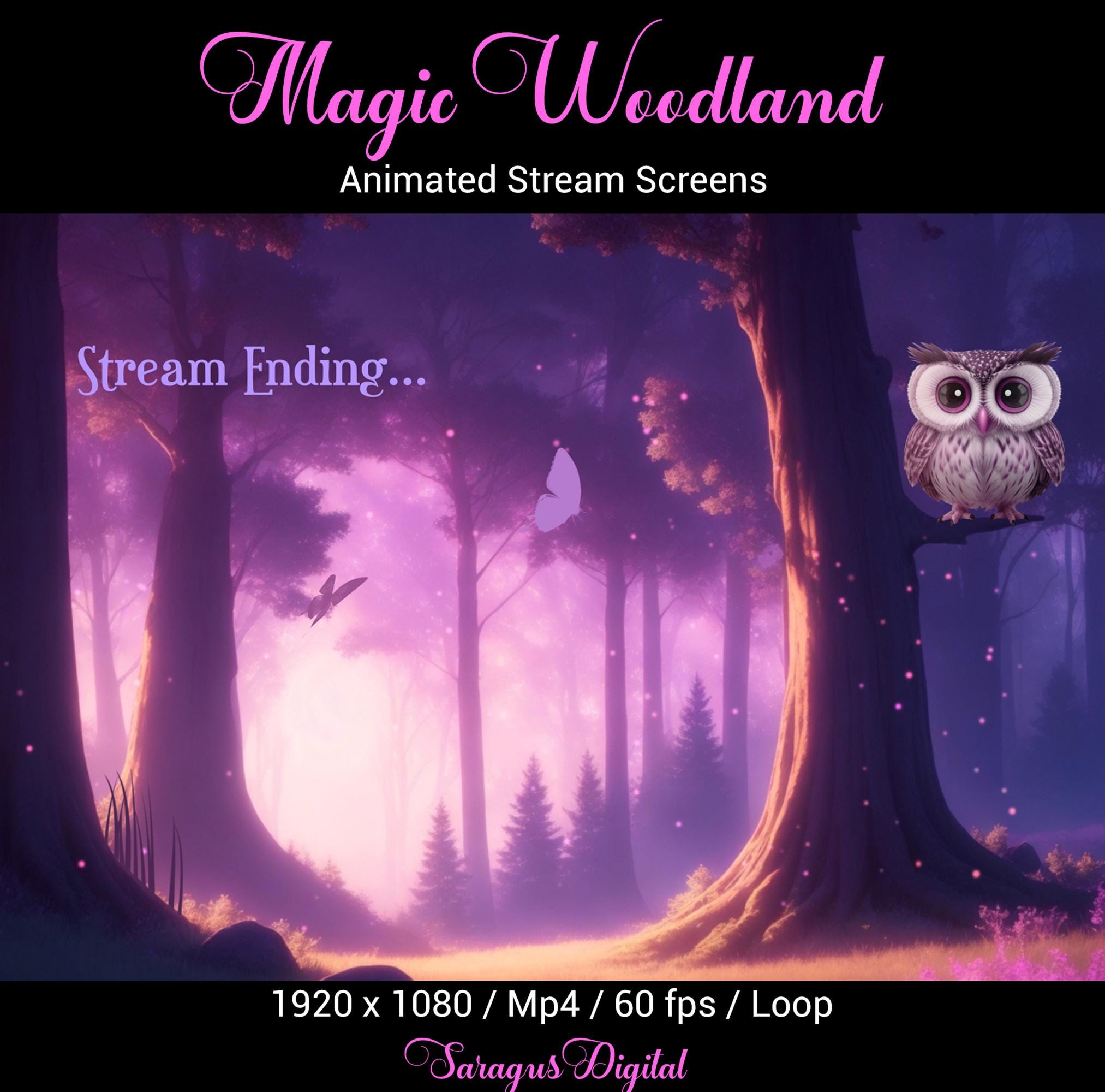 Twitch Scenes: Night Forest with Owl and Butterflies, Stream Screens Starting Soon, Animated Backgro
