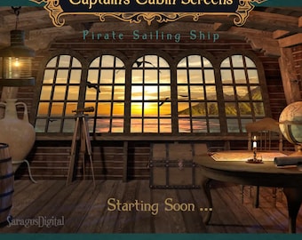 Pantallas de Twitch animadas de piratas y fondo de Vtuber, superposición de transmisión de la cabina del capitán en un barco antiguo