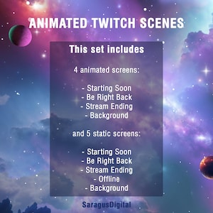 Animated Galaxy theme Twitch overlays with space visuals and sci-fi atmosphere. Colorful cosmic Twitch screens with animated and static stream scenes: Starting Soon, Be Right Back, Stream Ending, Offline, and a separate virtual background without text