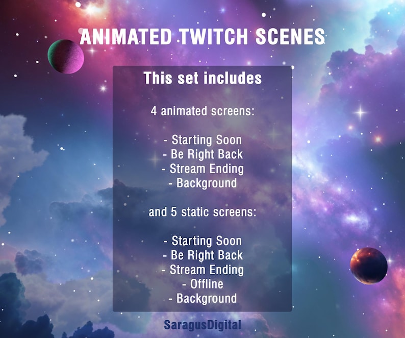 Animated Galaxy theme Twitch overlays with space visuals and sci-fi atmosphere. Colorful cosmic Twitch screens with animated and static stream scenes: Starting Soon, Be Right Back, Stream Ending, Offline, and a separate virtual background without text