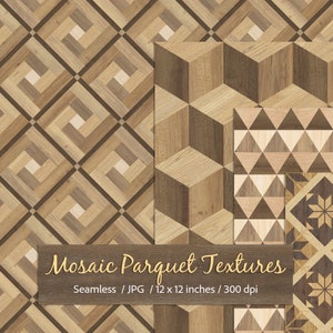 May include: Four seamless wood parquet floor patterns in a digital download. The patterns include a geometric diamond pattern, a 3D cube pattern, a triangular pattern, and a star pattern.  Mosaic Parquet Textures. Seamless / JPG / 12 x 12 inches / 300 dpi