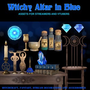 Witch Twitch Overlays, Animated Stream Assets for VTubers, Pagan Altar, Magic Table and Chair, Blue, Transparent Background