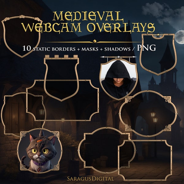 Medieval Webcam Overlay, Twitch Camera Border Pack, Fantasy Games Stream Overlays, Heraldic Shield Facecam Frames, Webcam Mask, OBS