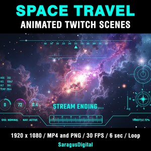 A complete set of animated sci-fi stream screens and backgrounds for streamers and VTubers who want a deep-space, spaceship cockpit and high-tech vibe on their channel. The pack includes Starting Soon, BRB, Stream Ending, Offline screens and two space backgrounds