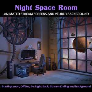 Puede incluir: Un escritorio de ordenador con una silla de juego, un monitor de ordenador y altavoces en una habitación con una gran ventana que da a una escena espacial con un planeta y estrellas. El monitor muestra el texto "Starting Soon".