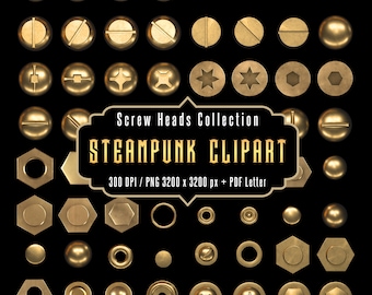 Clipart z łbem śruby steampunk, 64 odznaki metalowe w stylu industrialnym, złote śruby mosiężne i miedziane, 3D PNG PDF