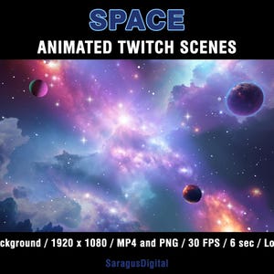 Animated Galaxy theme Twitch overlays with space visuals and sci-fi atmosphere. Colorful cosmic Twitch screens with animated and static stream scenes: Starting Soon, Be Right Back, Stream Ending, Offline, and a separate virtual background without text