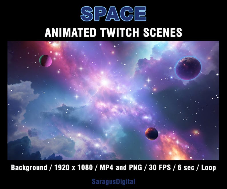 Animated Galaxy theme Twitch overlays with space visuals and sci-fi atmosphere. Colorful cosmic Twitch screens with animated and static stream scenes: Starting Soon, Be Right Back, Stream Ending, Offline, and a separate virtual background without text
