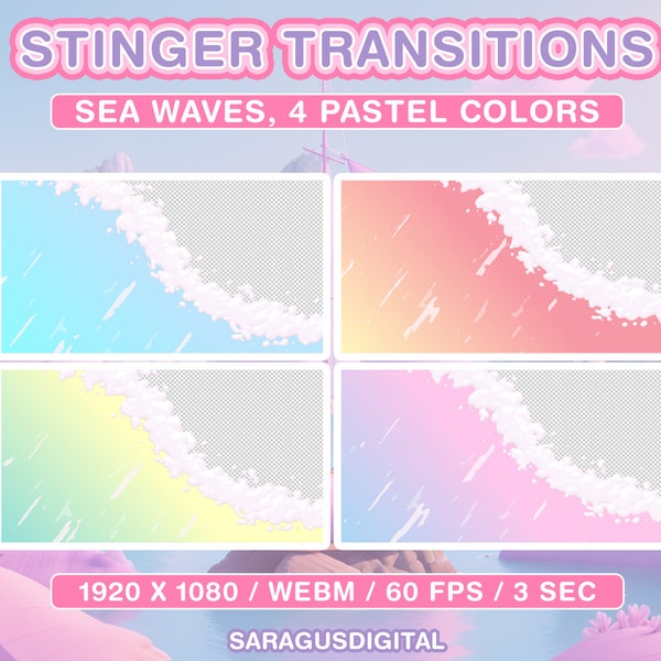 Twitch Stinger Transitions Sea Waves, cute aesthetic stream overlays, animated pastel transition OBS