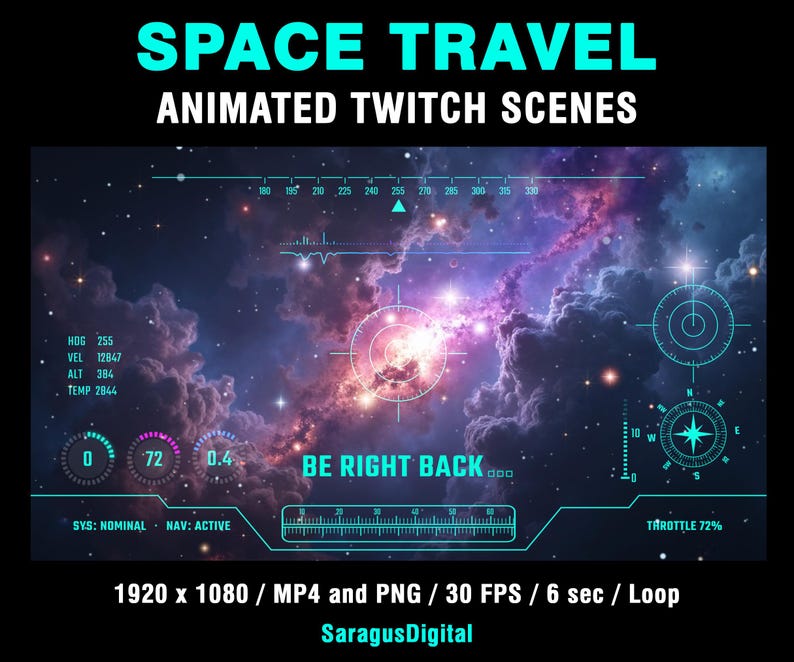 A complete set of animated sci-fi stream screens and backgrounds for streamers and VTubers who want a deep-space, spaceship cockpit and high-tech vibe on their channel. The pack includes Starting Soon, BRB, Stream Ending, Offline screens and two space backgrounds