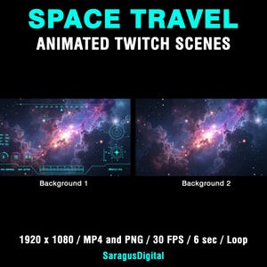 A complete set of animated sci-fi stream screens and backgrounds for streamers and VTubers who want a deep-space, spaceship cockpit and high-tech vibe on their channel. The pack includes Starting Soon, BRB, Stream Ending, Offline screens and two space backgrounds