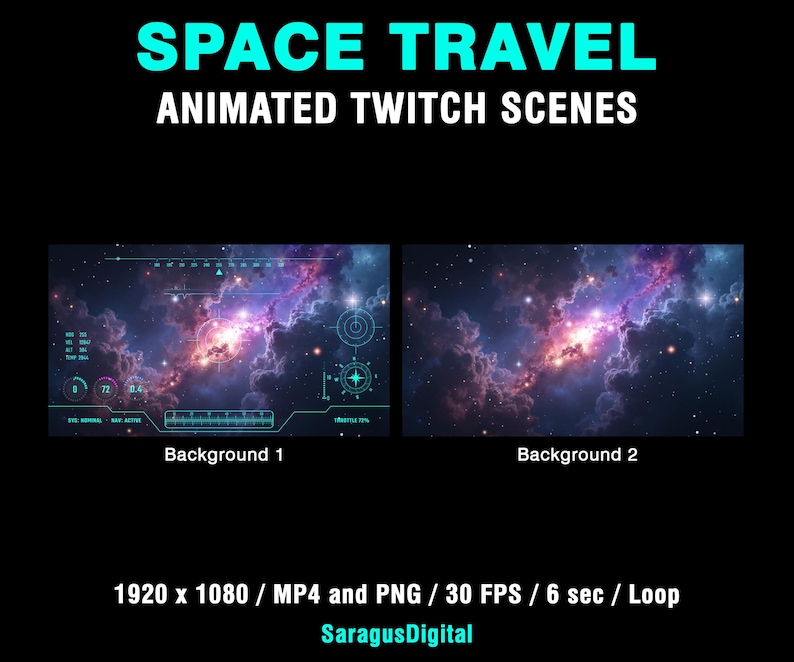 A complete set of animated sci-fi stream screens and backgrounds for streamers and VTubers who want a deep-space, spaceship cockpit and high-tech vibe on their channel. The pack includes Starting Soon, BRB, Stream Ending, Offline screens and two space backgrounds