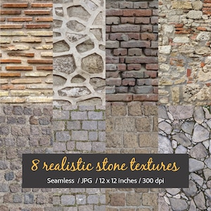 Seamless backgrounds of stone and brick walls, paving stones, antique, roman, medieval realistic textures, digital paper, dollhouse, diorama