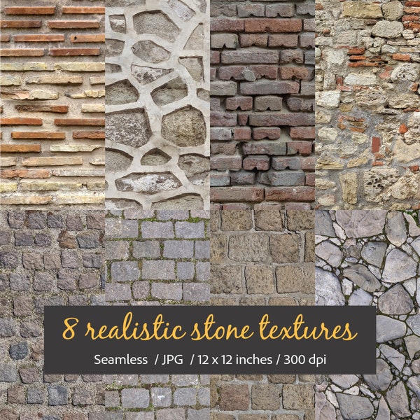 Seamless patterns of stone and brick walls, pavement, antique, roman, medieval realistic textures, digital paper