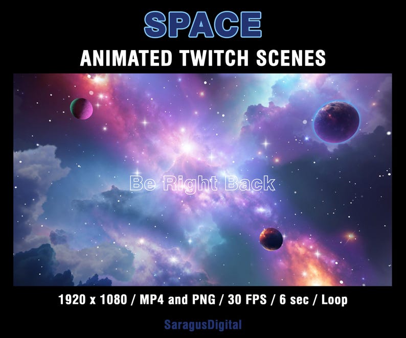 Animated Galaxy theme Twitch overlays with space visuals and sci-fi atmosphere. Colorful cosmic Twitch screens with animated and static stream scenes: Starting Soon, Be Right Back, Stream Ending, Offline, and a separate virtual background without text