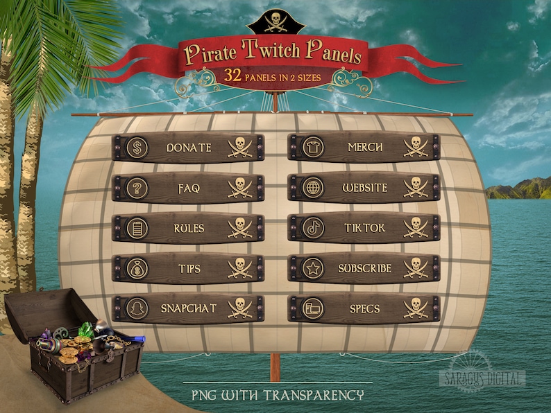 Pirate Twitch Panels, 32 Dark Stream Panels, Sea Adventure Overlays