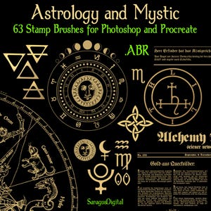 Stempel Brushes für Photoshop und Procreate, Astrologie, Alchemie, Hexen Symbole, Bilder, Texte, Mittelalter Wissenschaft, Magie, Okkult, 63 ABR Brushes