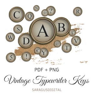 Typemachine sleutels Vintage Engelse letters & cijfers clipart, digitale Steampunk alfabet, wit en goud, PNG, PDF, instant download