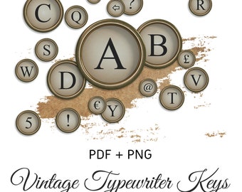 May include: Vintage typewriter keys featuring a range of letters, numbers, and symbols. The keys are brown with gold accents and are displayed against a white backdrop.
