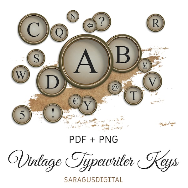 Typewriter Keys Vintage English Letters & Numbers Clipart, Digital Steampunk Alphabet, White and Gold, PNG, PDF, instant download