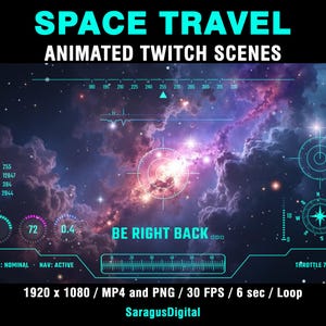A complete set of animated sci-fi stream screens and backgrounds for streamers and VTubers who want a deep-space, spaceship cockpit and high-tech vibe on their channel. The pack includes Starting Soon, BRB, Stream Ending, Offline screens and two space backgrounds