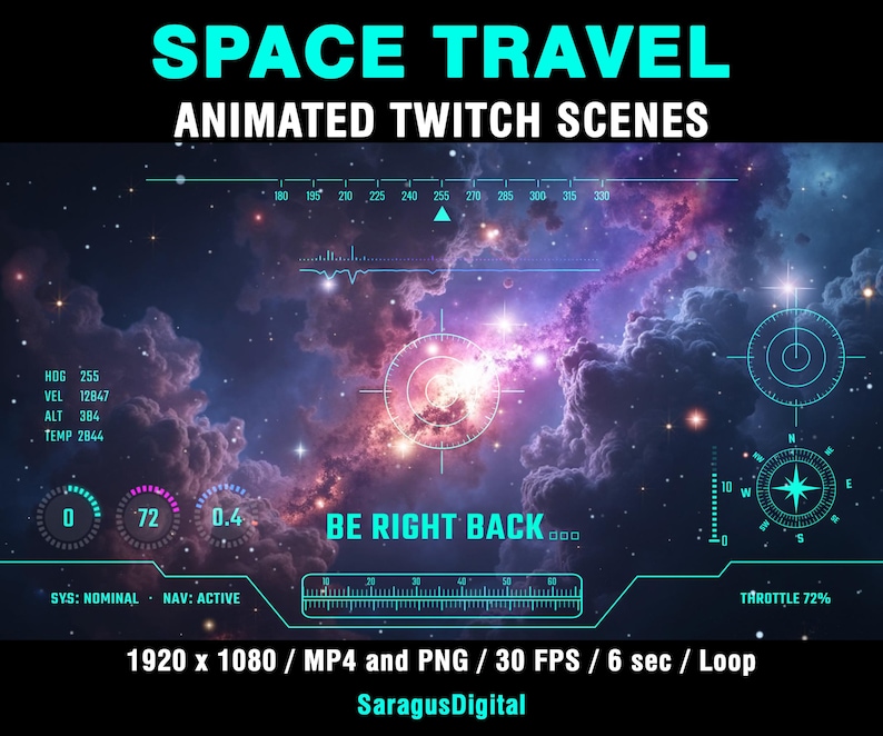 A complete set of animated sci-fi stream screens and backgrounds for streamers and VTubers who want a deep-space, spaceship cockpit and high-tech vibe on their channel. The pack includes Starting Soon, BRB, Stream Ending, Offline screens and two space backgrounds