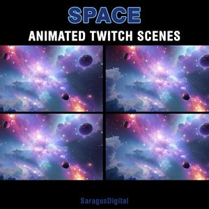 Animated Galaxy theme Twitch overlays with space visuals and sci-fi atmosphere. Colorful cosmic Twitch screens with animated and static stream scenes: Starting Soon, Be Right Back, Stream Ending, Offline, and a separate virtual background without text