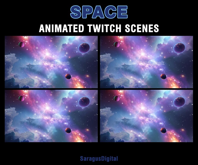 Animated Galaxy theme Twitch overlays with space visuals and sci-fi atmosphere. Colorful cosmic Twitch screens with animated and static stream scenes: Starting Soon, Be Right Back, Stream Ending, Offline, and a separate virtual background without text