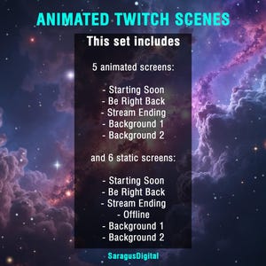 A complete set of animated sci-fi stream screens and backgrounds for streamers and VTubers who want a deep-space, spaceship cockpit and high-tech vibe on their channel. The pack includes Starting Soon, BRB, Stream Ending, Offline screens and two space backgrounds