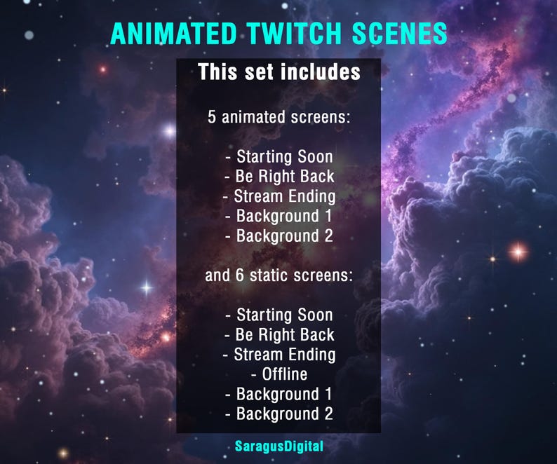 A complete set of animated sci-fi stream screens and backgrounds for streamers and VTubers who want a deep-space, spaceship cockpit and high-tech vibe on their channel. The pack includes Starting Soon, BRB, Stream Ending, Offline screens and two space backgrounds
