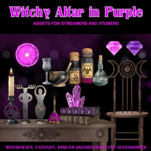 Animated Magic Twitch Overlays, Witch Vtuber Assets, Stream Decoration and Alerts, Pagan Altar, Witchcraft Table, and Chair, Purple