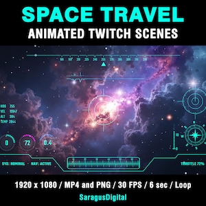 A complete set of animated sci-fi stream screens and backgrounds for streamers and VTubers who want a deep-space, spaceship cockpit and high-tech vibe on their channel. The pack includes Starting Soon, BRB, Stream Ending, Offline screens and two space backgrounds