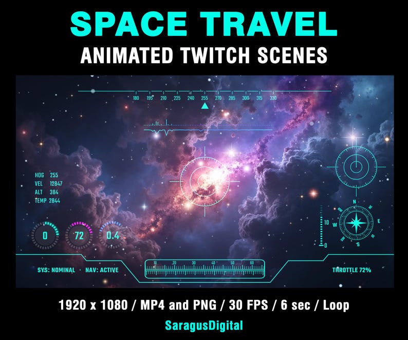 A complete set of animated sci-fi stream screens and backgrounds for streamers and VTubers who want a deep-space, spaceship cockpit and high-tech vibe on their channel. The pack includes Starting Soon, BRB, Stream Ending, Offline screens and two space backgrounds
