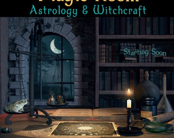 Superposición de Twitch de brujería, pantallas de transmisión animadas y fondo para VTubers, estilo academia oscura, astrología, alquimia, medieval.