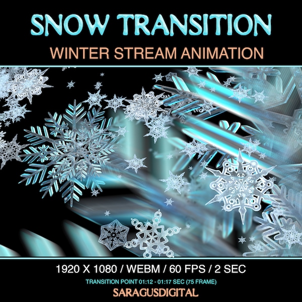 Snow stinger transition winter stream overlay, Christmas Twitch animation, sparkling snowflakes transition for Streamlab, OBS