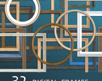 Wood Frames Clipart, 32 Digital Borders, Shabby, White, Dark, Vertical, Horizontal, Round Borders, PNG