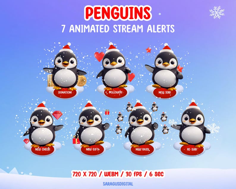 This pack includes 7 animated stream alerts with penguins. Created for stream events such as followers, subscribers, raids, cheers, and more, these alerts add a friendly accent to streams for streamers and VTubers, without distracting from gameplay or chat