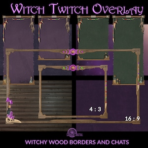 Puede incluir: Una superposición digital para Twitch con un tema de bruja con bordes de madera y cuadros de chat. La superposición tiene un esquema de color morado oscuro y verde con un fondo de noche estrellada. El texto "WITCH TWITCH OVERLAY" está en la parte superior de la imagen. El texto "WITCHY WOOD BORDERS AND CHATS" está en la parte inferior de la imagen. El texto "4:3" y "16:9" está en la esquina inferior derecha de la imagen.
