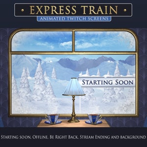 Peut inclure: Une illustration numérique d'une fenêtre de train avec une scène de montagne enneigée à l'extérieur. Le texte "STARTING SOON" est affiché sur une pancarte dans la fenêtre. Deux tasses à thé avec de la vapeur sont sur une table au premier plan. Le texte "EXPRESS TRAIN ANIMATED TWITCH SCREENS" est en haut de l'image. Le texte "STARTING SOON, OFFLINE, BE RIGHT BACK, STREAM ENDING AND BACKGROUND" est en bas de l'image.