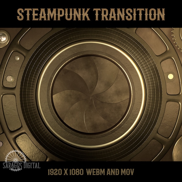 Steampunk Stinger Transition, Gold Metal Twitch Transition Camera Lens Shutter with Click Sound, Animated Stream Overlay, webm, MOV, OBS, AE