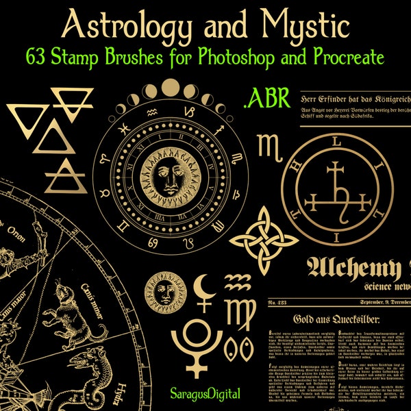 Stamp Brushes for Photoshop and Procreate, Astrology, Alchemy, Witch Symbols, Images, Texts, Medieval Science, Magic, Occult, 63 ABR Brushes