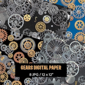 Könnte beinhalten: Digitales Papier mit einer Collage aus metallischen Zahnrädern in verschiedenen Größen und Designs. Die Zahnräder sind in Silber-, Gold- und Kupfertönen gehalten und vor schwarzen und blauen Hintergründen platziert. Der Text "GEARS DIGITAL PAPER" wird zusammen mit Größenangaben angezeigt.