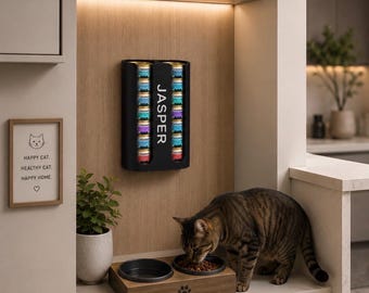 Personalised Cat Food Organizer | Wall Mounted Untamed Tin Holder | 14 Can Storage | Custom Cat Name Dispenser