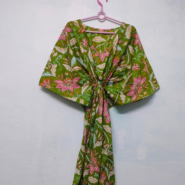 Indian Hand Printed Soft Cotton Kaftan, Green Floral Print Beach Wear Casual Gown, Summer Tunics, Night Cotton Maxi, Long Kaftan Dress