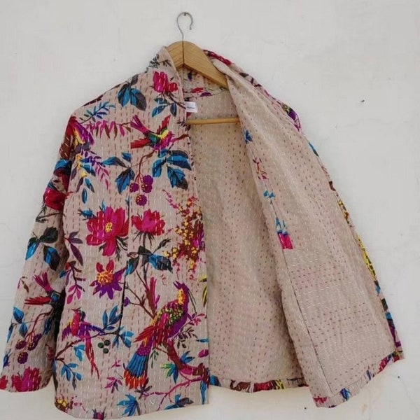 Indian Handmade Kantha Quilt Jacket Kimono Women Wear Boho Beige Color Front Open Quilted Jackets