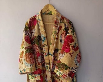 Indian HandMade Kantha Quilt Jacket Kimono Women Wear Boho Beige Color Front Open Quilted Jackets